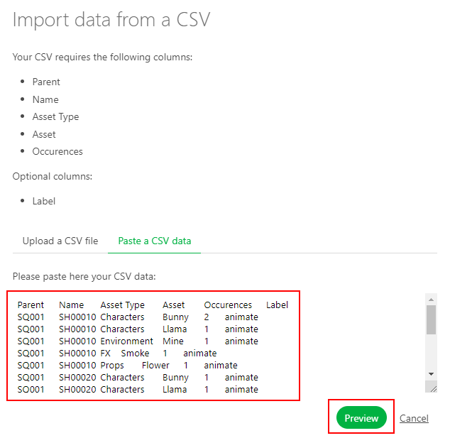 Breakdown import Preview